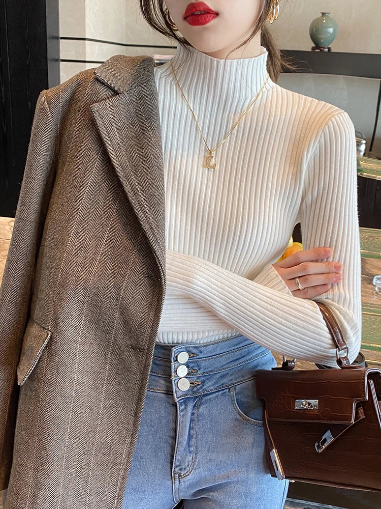 Women's Elegant Mock Neck Slim Knit Sweater | Long Sleeve Casual Pullover 9 Colors One Size