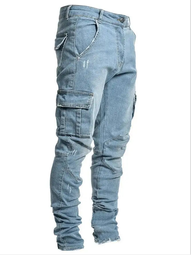 Men’s Multi-Pocket Cargo Jeans – Relaxed Fit Washed Denim Pants
