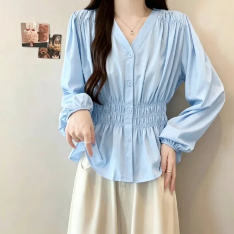 Women's Plus Size Puff Sleeve Blouse – V-Neck Smocked Waist Peplum Top