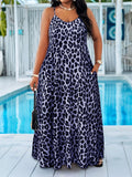 Women's Plus Size Leopard Print Maxi Dress – Spaghetti Strap Flowy A-Line with Pockets