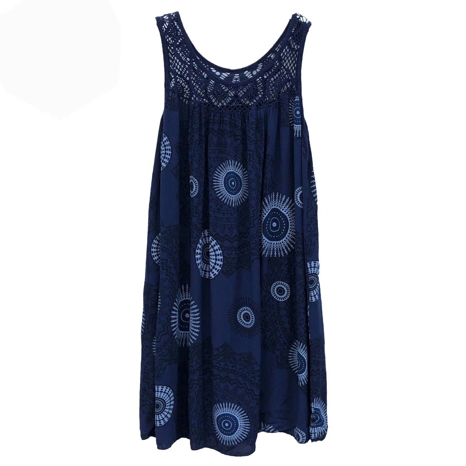 Women's Plus Size Boho Print Swing Dress – Lace Crochet Neck Sleeveless Camisole