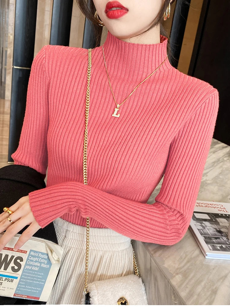 Women's Elegant Mock Neck Slim Knit Sweater | Long Sleeve Casual Pullover 9 Colors One Size