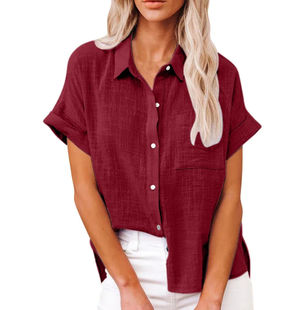 Women's Linen Pocket Blouse - Short Sleeve Loose Fit (S-5XL)