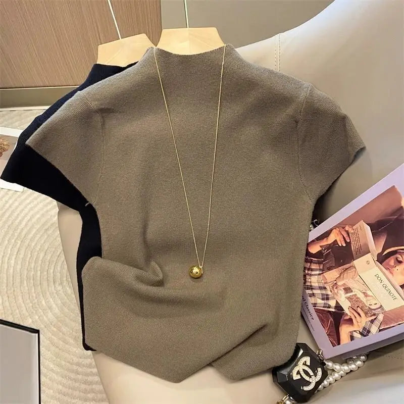 Women's Basic Turtleneck Slim Knit Sweater | Short Sleeve Bodycon Pullover Top One Size